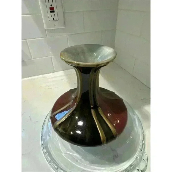 Fabulous Pottery Vase Red Olive Glaze Gold Stripes 6.5" - Picture 4 of 10